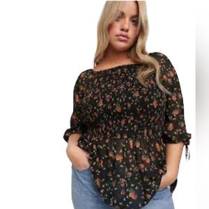 Simply Be Square Neck Shired Floral Print Blouse